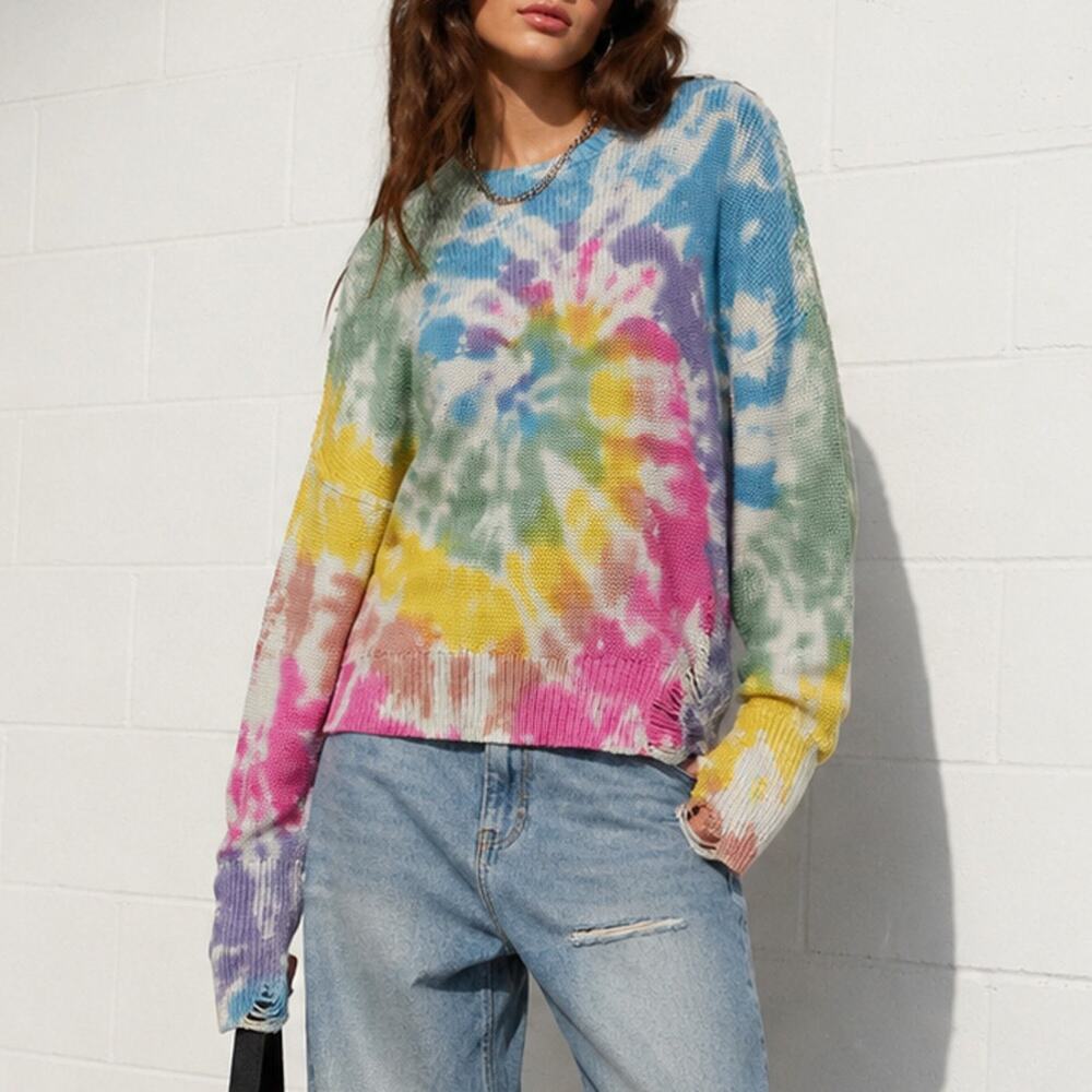 NSF Anabelle Boyfriend Distressed Sweater in Skittles Dye Size S